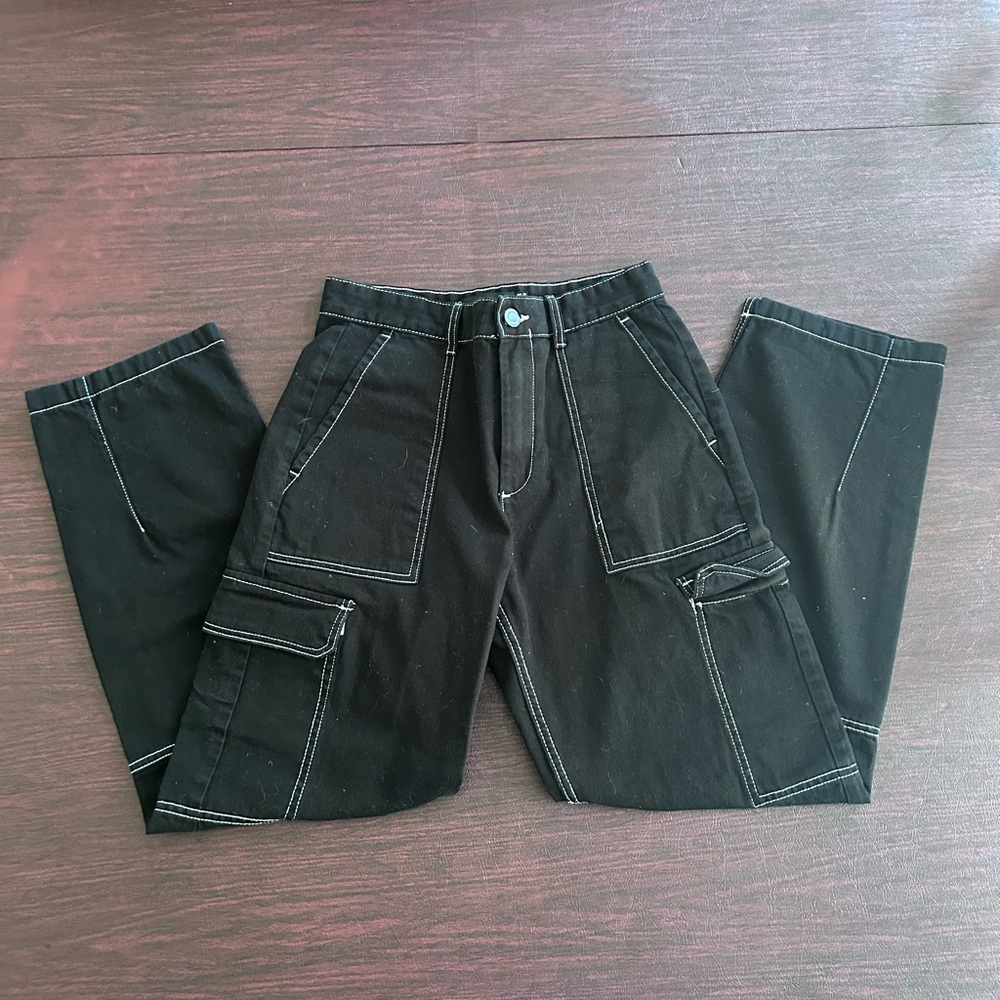 Bershka Dark Cargo Pants with Contrast Stitching